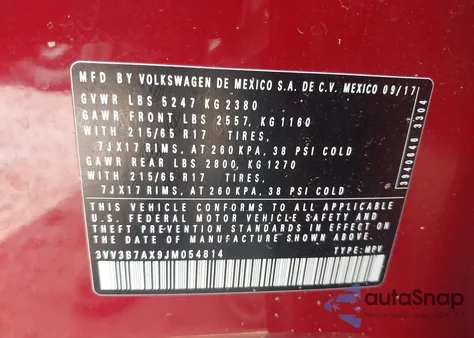 2018 Volkswagen Tiguan 2.0T Se/2.0T Sel из США, поврежденный, VIN 3VV3B7AX9JM054814